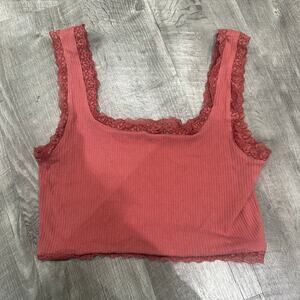 Forever 21 Ribbed Lace Trim Crop Tank Top Dusty Rose Pink Medium